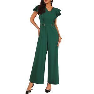 Formal Jumpsuits Ruffled Sleeve High Waist Dressy Wide Legs Pants Dark Green